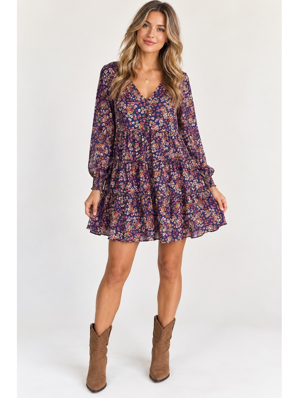 Time and Tru Floral Tiered Dress Women’s L 12-14 Long Sleeve Navy Boho